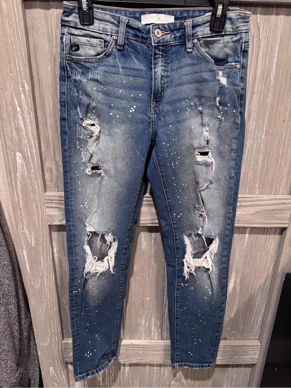 KanCan Distressed Blue Boyfriend Jeans with Paint-Splash Detail